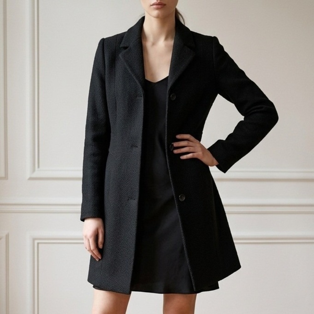 Marc New York Andrew Marc Women Black Wool Blend Textured Mid Length Coat Size 6